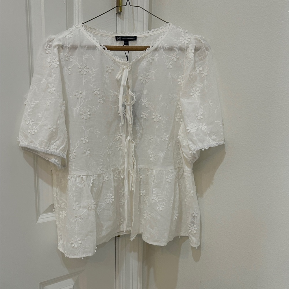 Adrianna Papell White Eyelet Floral Peplum Tie-Front Blouse